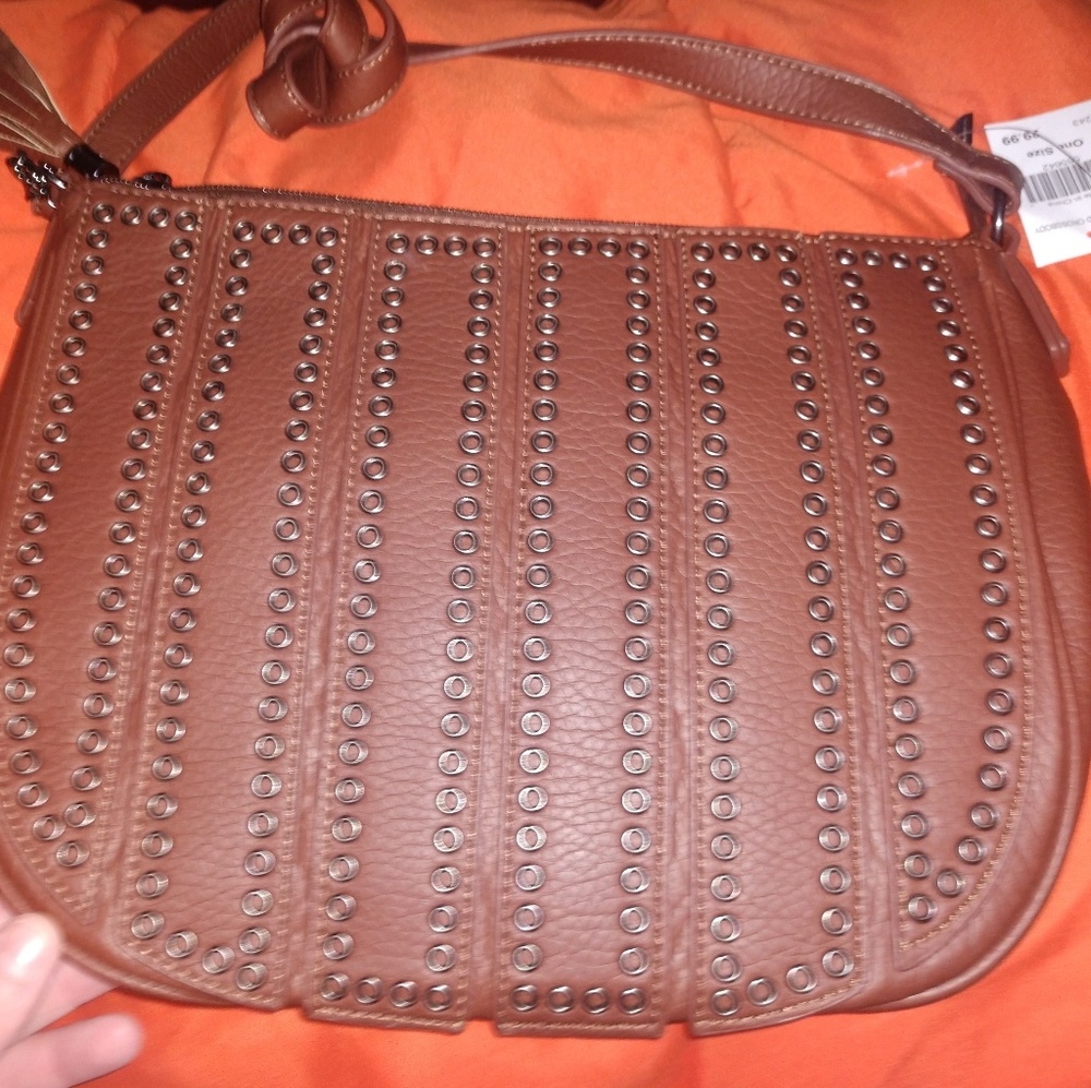 Brown Vegan Leather studded Handbag New! 10 by 12!